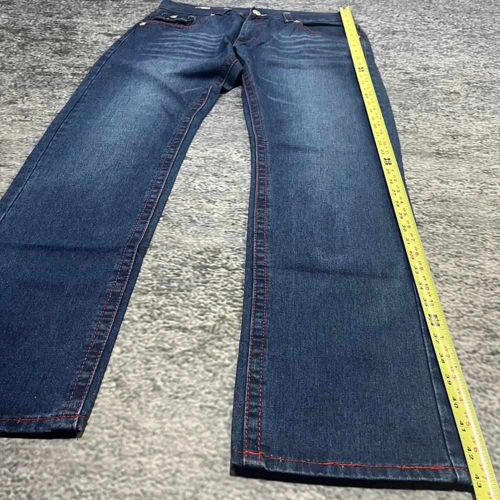 True Religion Straight Jeans Mens 38x34 Blue Red Stitched Logo‎ Flap Pockets Y2K
